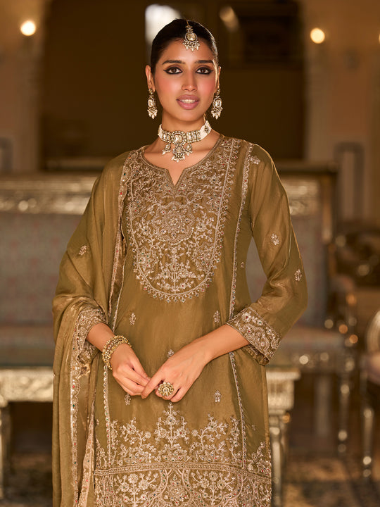 Indo Era Brown Embroidered Straight Kurta Salwar With Dupatta Set
