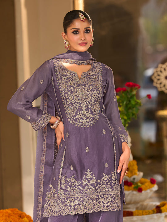 Indo Era Lavender Embroidered Straight Kurta Salwar With Dupatta Set