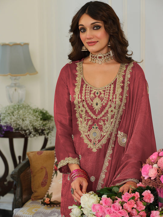 Indo Era Red Embroidered Straight Kurta Trousers With Dupatta Set