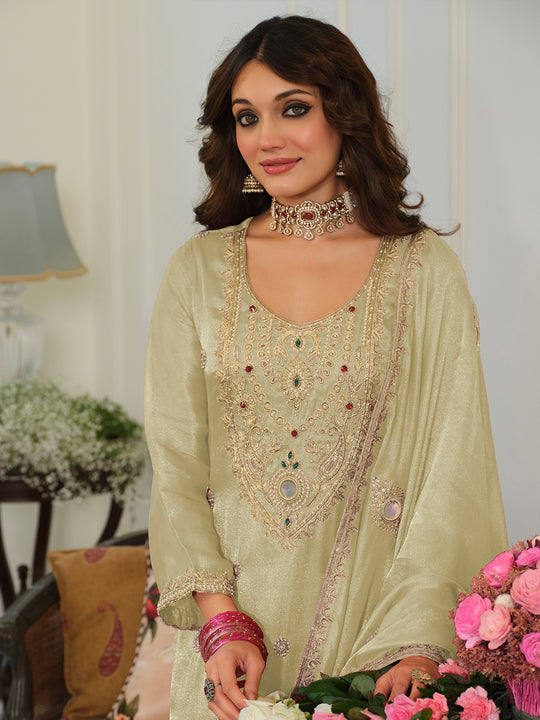 Indo Era Cream Embroidered Straight Kurta Trousers With Dupatta Set