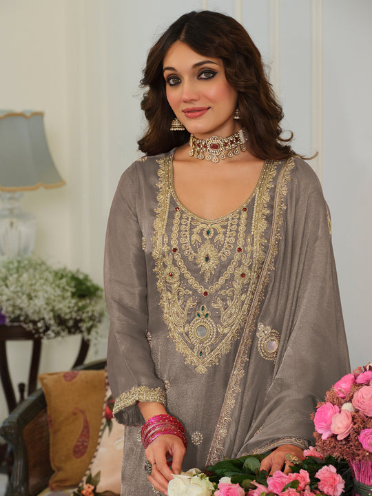Indo Era Grey Embroidered Straight Kurta Trousers With Dupatta Set