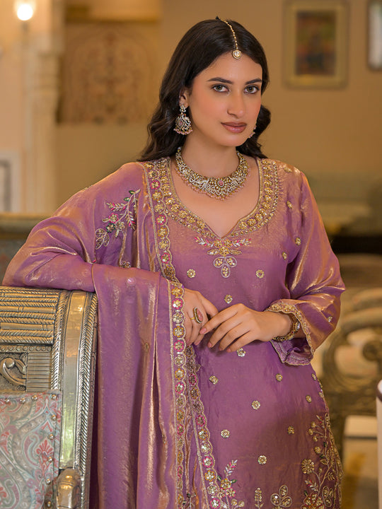 Indo Era Lavender Embroidered Straight Kurta Palazzos With Dupatta Set