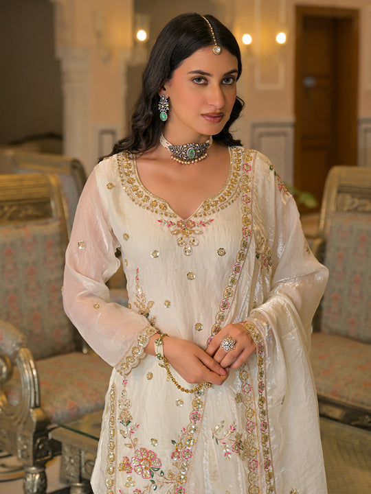 Indo Era White Embroidered Straight Kurta Palazzos With Dupatta Set