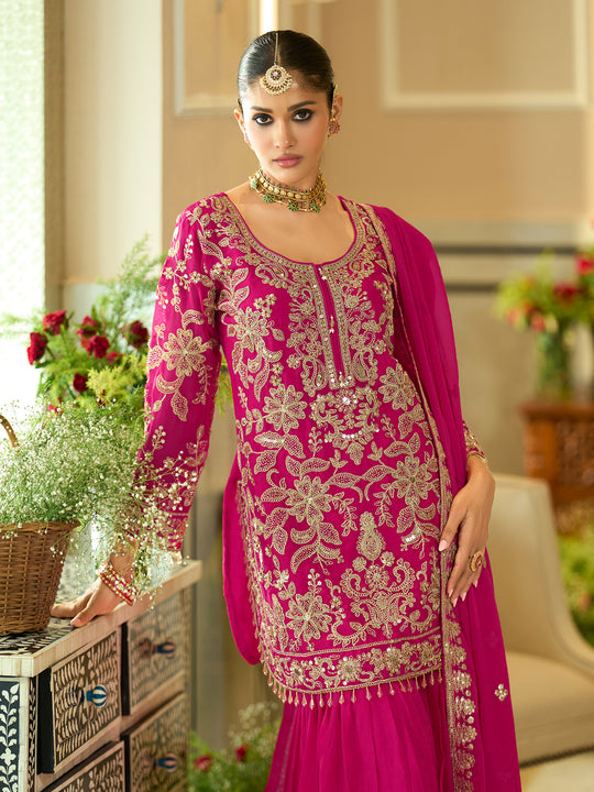 Indo Era Pink Embroidered Straight Kurta Sharara With Dupatta Set