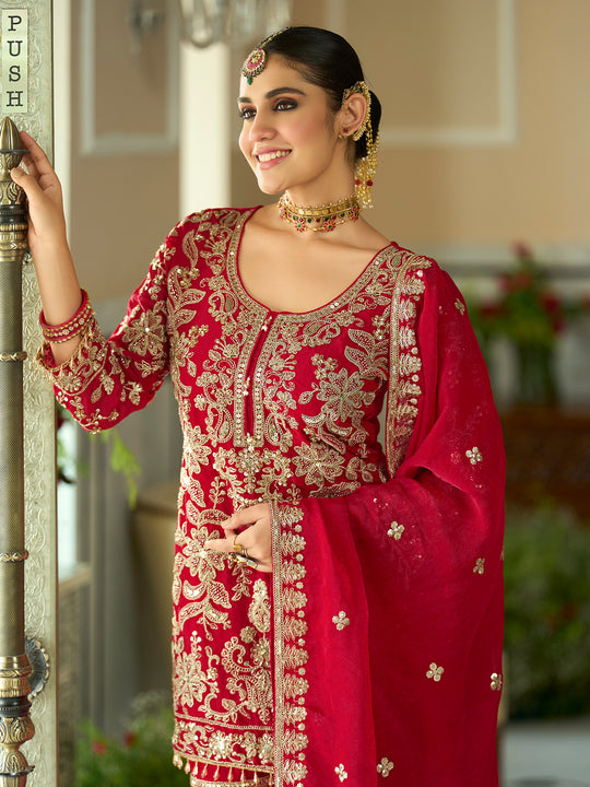 Indo Era Red Embroidered Straight Kurta Sharara With Dupatta Set