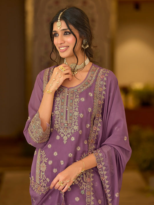 Indo Era Lavender Embroidered Straight Kurta Trousers With Dupatta Set