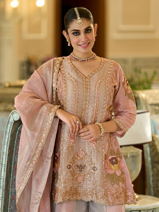 Indo Era Peach Embroidered A-Line Kurta Palazzos With Dupatta Set