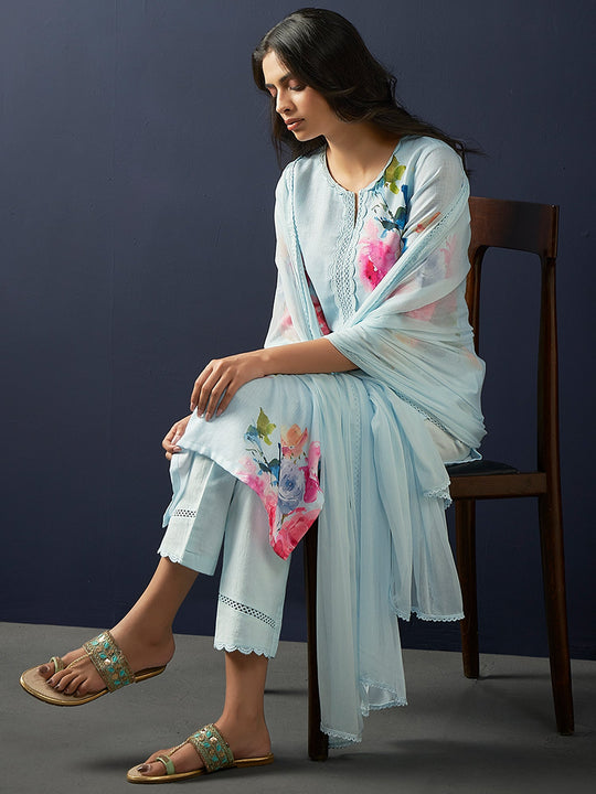 Blue Printed Straight Kurta Trousers With Dupatta