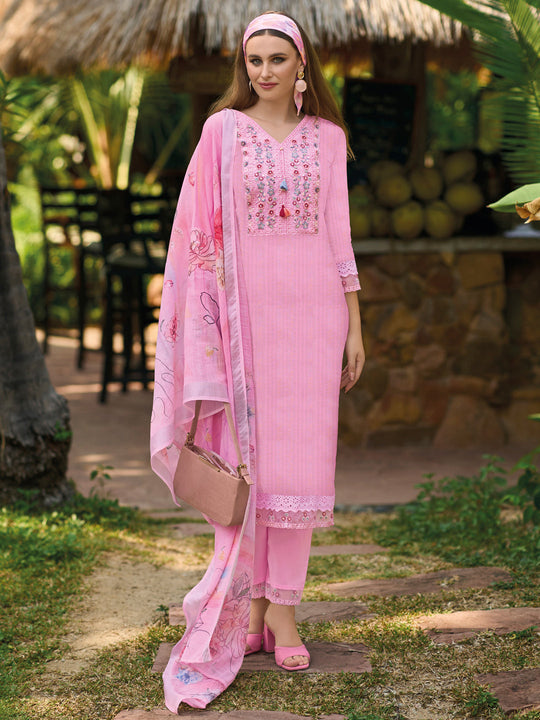 Indo Era Pink Embroidered Straight Kurta Trousers With Dupatta set