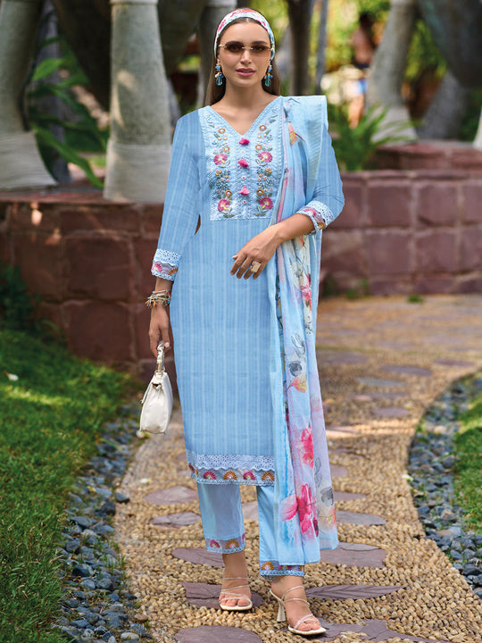 Indo Era Blue Embroidered Straight Kurta Trousers With Dupatta set