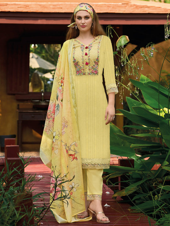 Indo Era Yellow Embroidered Straight Kurta Trousers With Dupatta set