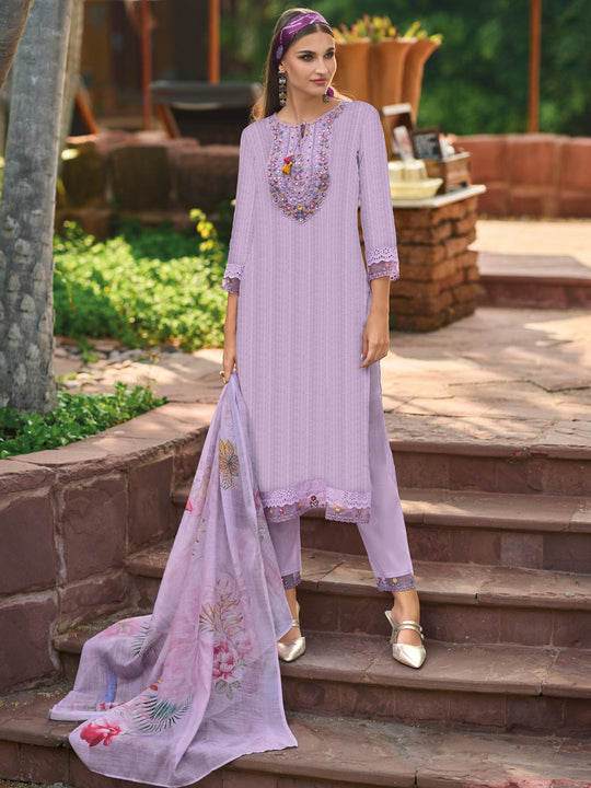 Indo Era Lavender Embroidered Straight Kurta Trousers With Dupatta set