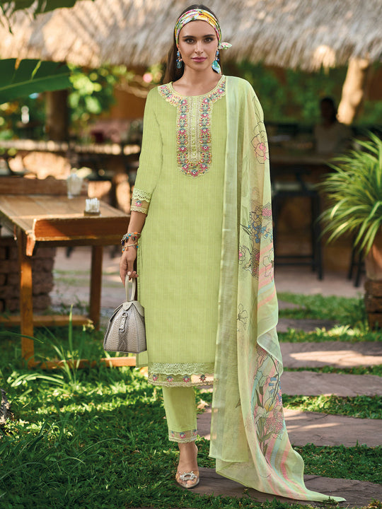 Indo Era Green Embroidered Straight Kurta Trousers With Dupatta set