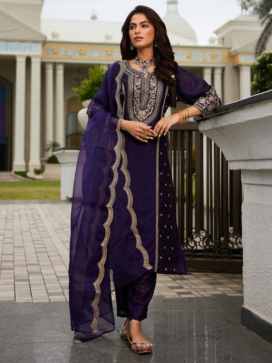 Indo Era Purple Embroidered Straight Kurta Trousers With Dupatta Set