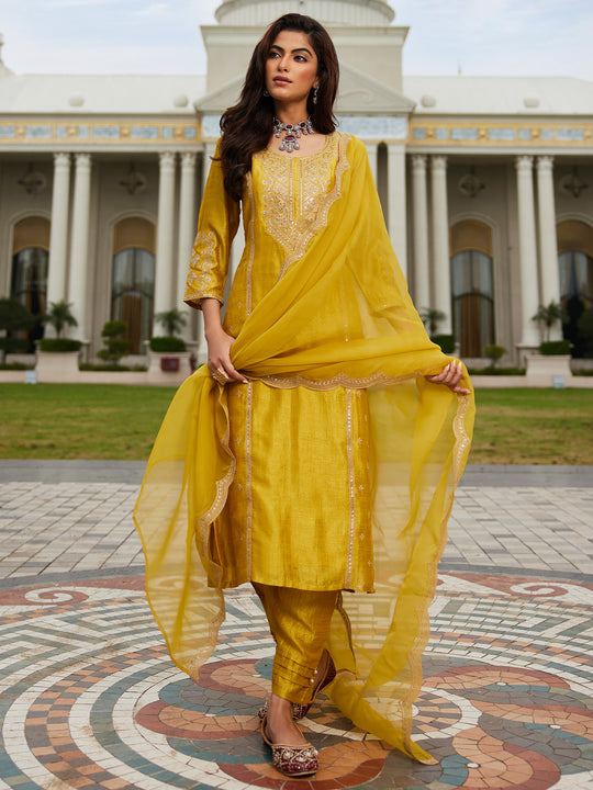 Indo Era Yellow Embroidered Straight Kurta Trousers With Dupatta Set