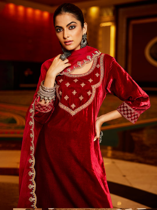 Indo Era Red Embroidered Straight Kurta Trousers With Dupatta set