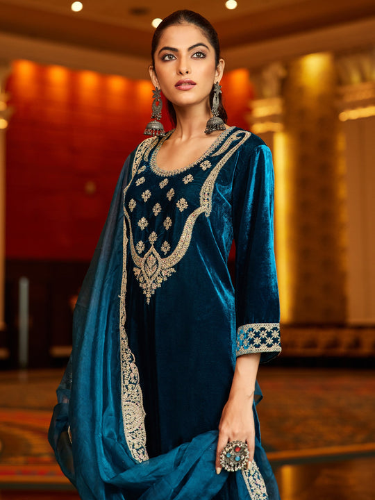 Indo Era Blue Embroidered Straight Kurta Trousers With Dupatta set