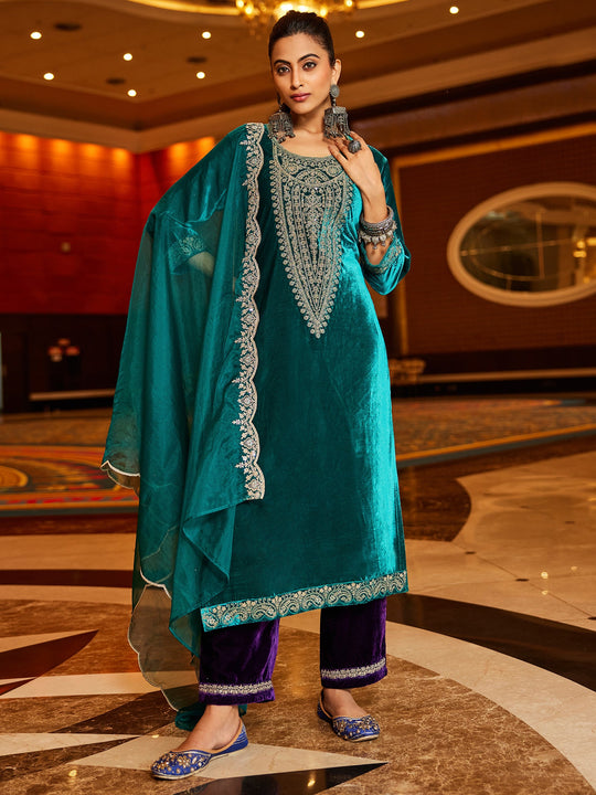 Indo Era Teal Embroidered Straight Kurta Trousers With Dupatta Set