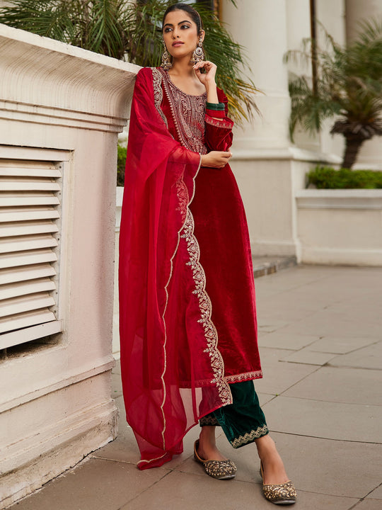 Indo Era Red Embroidered Straight Kurta Trousers With Dupatta Set