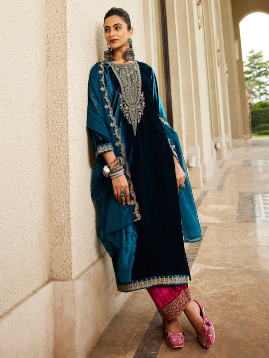 Indo Era Blue Embroidered Straight Kurta Trousers With Dupatta Set