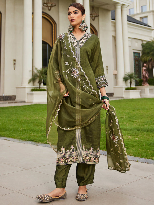 Indo Era Green Embroidered Straight Kurta Trousers With Dupatta Set