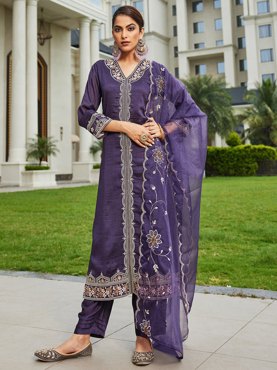 Indo Era Purple Embroidered Straight Kurta Trousers With Dupatta Set