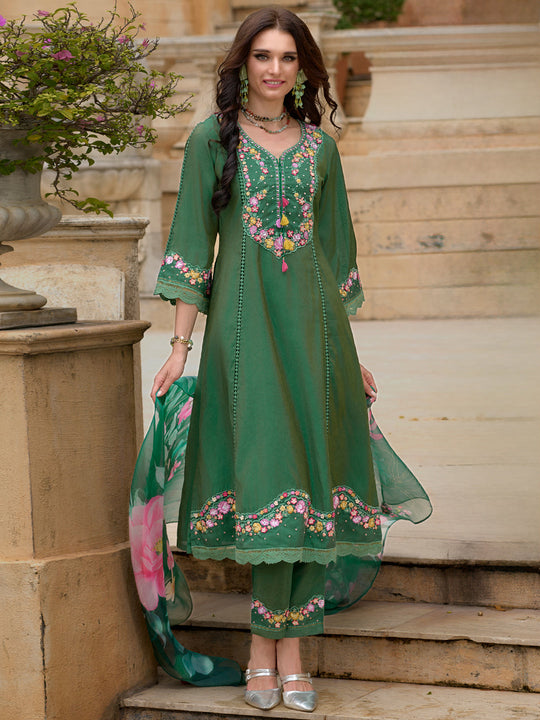 Indo Era Green Embroidered A-Line Kurta Trousers With Dupatta set