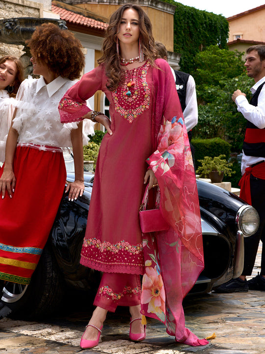 Indo Era Pink Embroidered A-Line Kurta Trousers With Dupatta Set
