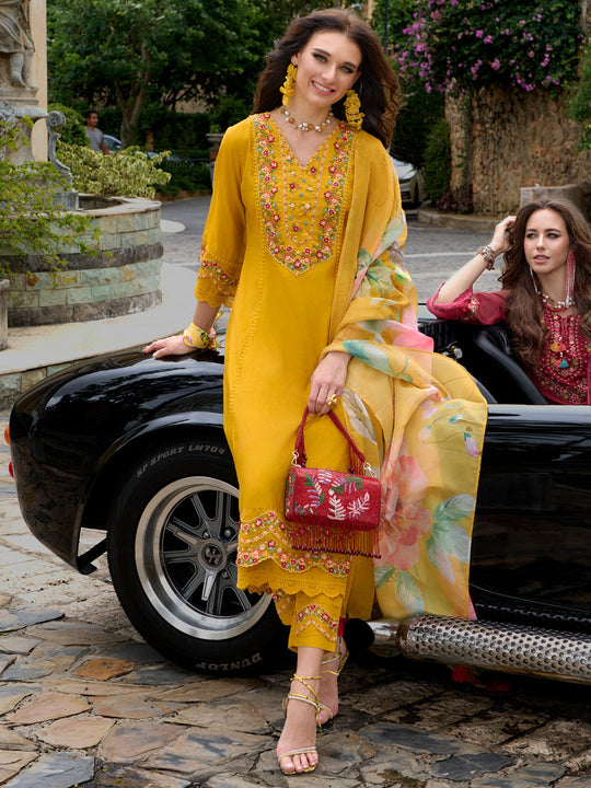 Indo Era Mustard Embroidered A-Line Kurta Trousers With Dupatta Set