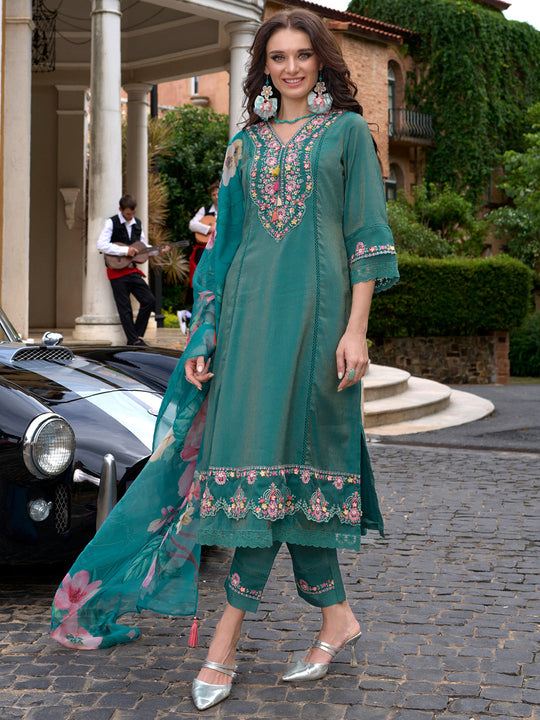 Indo Era Blue Embroidered A-Line Kurta Trousers With Dupatta Set