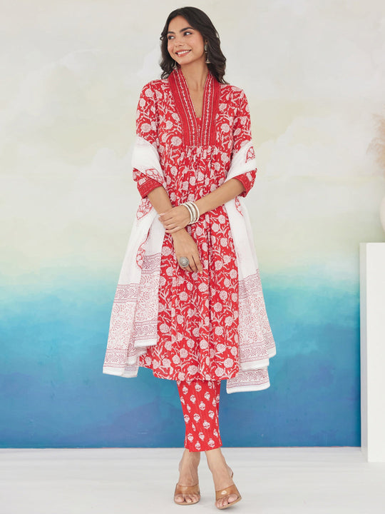 Indo Era Red Printed A-Line Kurta Trousers With Dupatta set