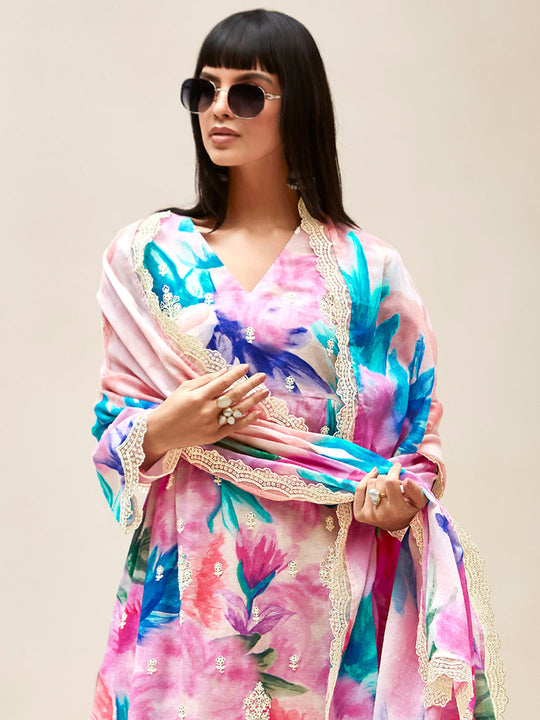 Indo Era Pink Embroidered A-Line Kurta Trousers With Dupatta set