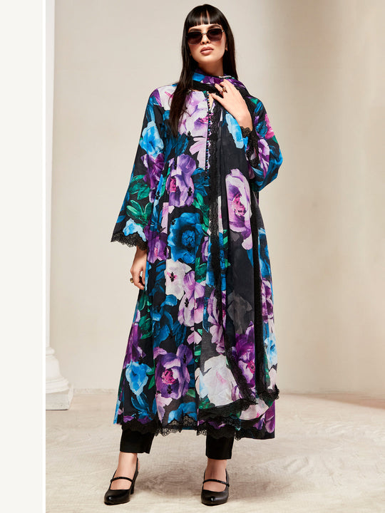 Indo Era Black Embroidered A-Line Kurta Trousers With Dupatta set