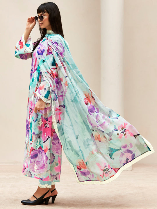 Indo Era Multi Embroidered A-Line Kurta Trousers With Dupatta set