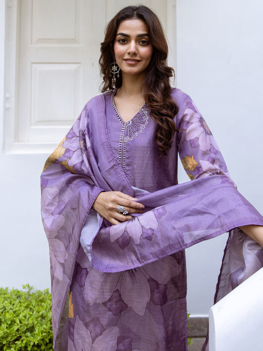Indo Era Purple Printed Straight Kurta Trousers With Dupatta Set