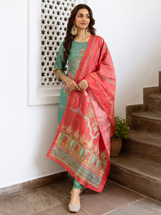 Green Printed Straight Kurta Trousers With Dupatta