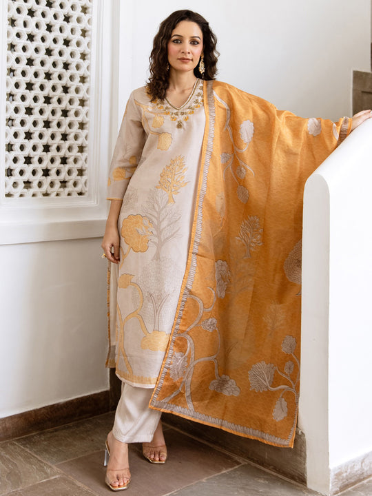Indo Era Off White Printed Straight Kurta Trousers With Dupatta Set