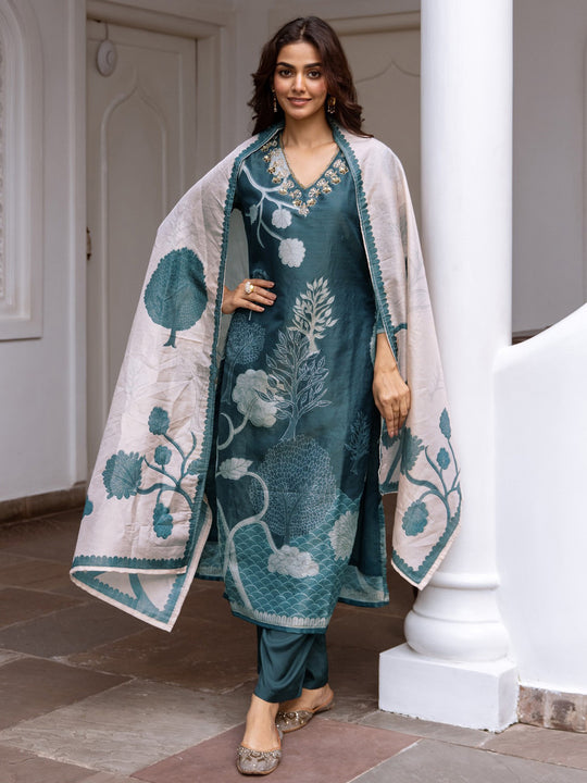Indo Era Blue Printed Straight Kurta Trousers With Dupatta Set