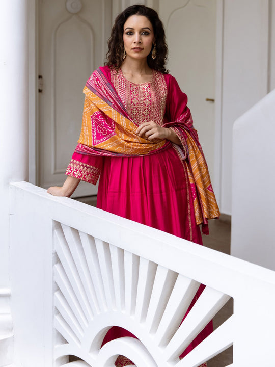 Indo Era Pink Embroidered Anarkali Kurta Trousers With Dupatta Set