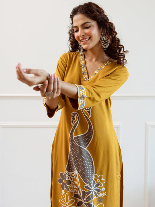 Indo Era Mustard Embroidered Straight Kurta Trousers  Set