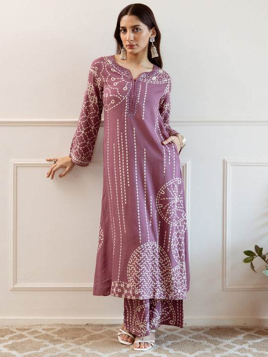 Indo Era Mauve Printed Straight Kurta Trousers  Set