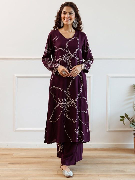 Indo Era Burgundy Printed Straight Kurta Trousers  Set