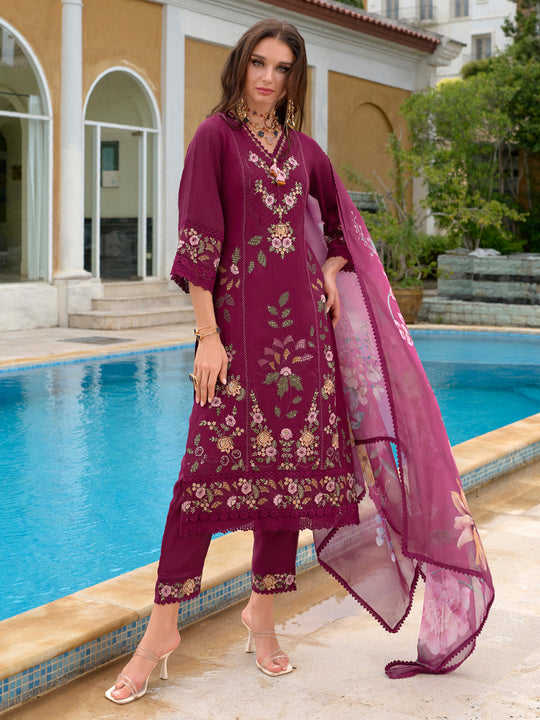 Indo Era Burgundy Embroidered Straight Kurta Trousers With Dupatta Set