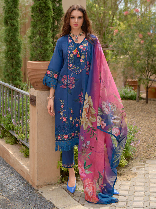 Indo Era Blue Embroidered Straight Kurta Trousers With Dupatta Set