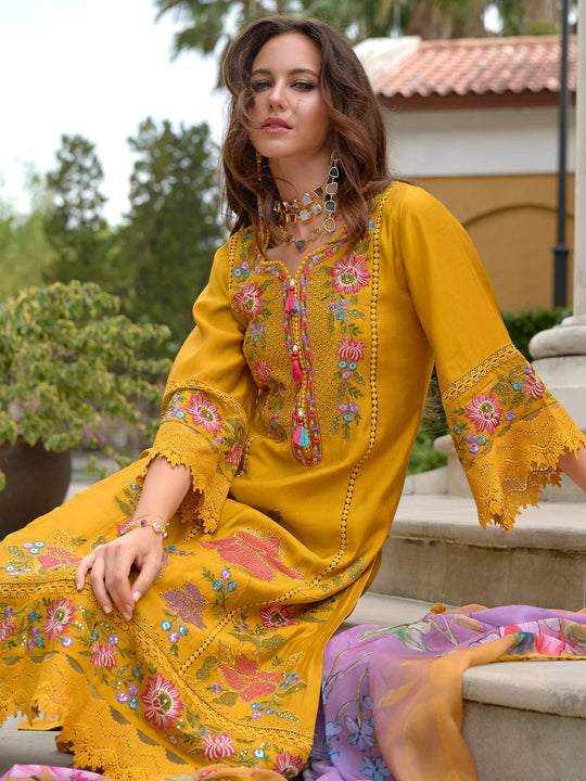 Indo Era Mustard Embroidered Straight Kurta Trousers With Dupatta Set