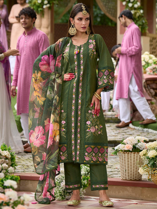 Indo Era Green Embroidered Straight Kurta Trousers With Dupatta Set