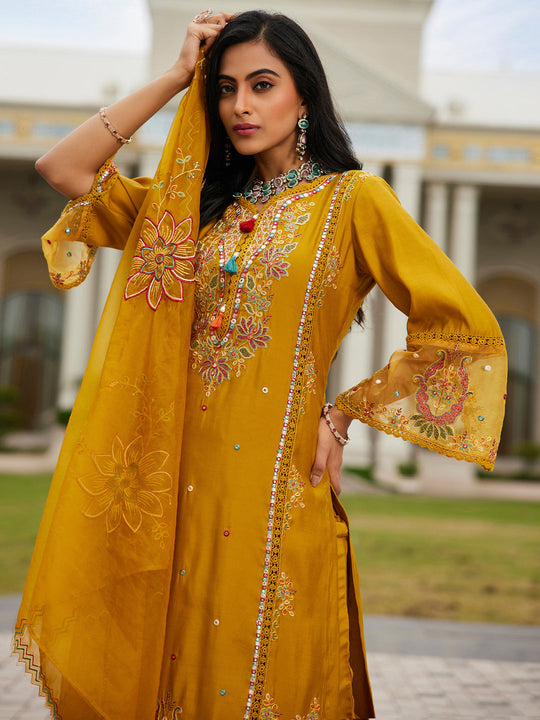 Mustard Embroidered Straight Kurta Trousers With Dupatta