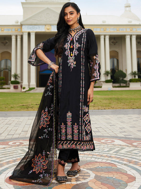 Indo Era Black Embroidered Straight Kurta Trousers With Dupatta set