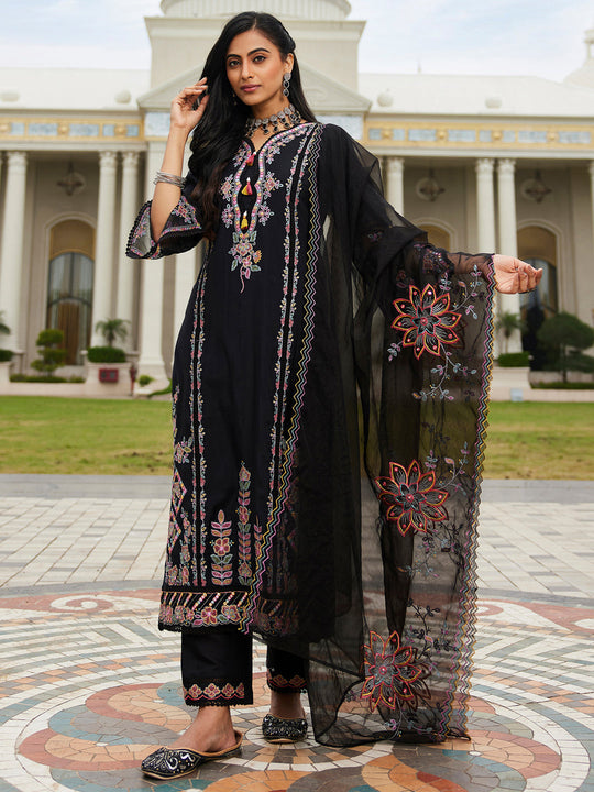 Indo Era Black Embroidered Straight Kurta Trousers With Dupatta set