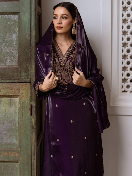 Indo Era Purple Embroidered Straight Kurta Trousers With Dupatta